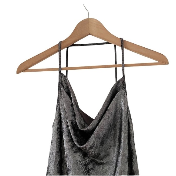 HALSTON Cowl Neck Metallic Slip Mini Dress in Gunmetal - Picture 10 of 16